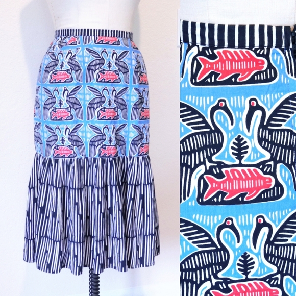 Carolina K Anthropologie Blue and Pink A-Line Fish Bird Skirt